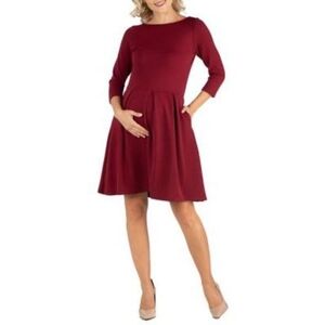 24Seven Comfort Apparel Knee Length Fit N Flare Maternity Dress with Pockets, M